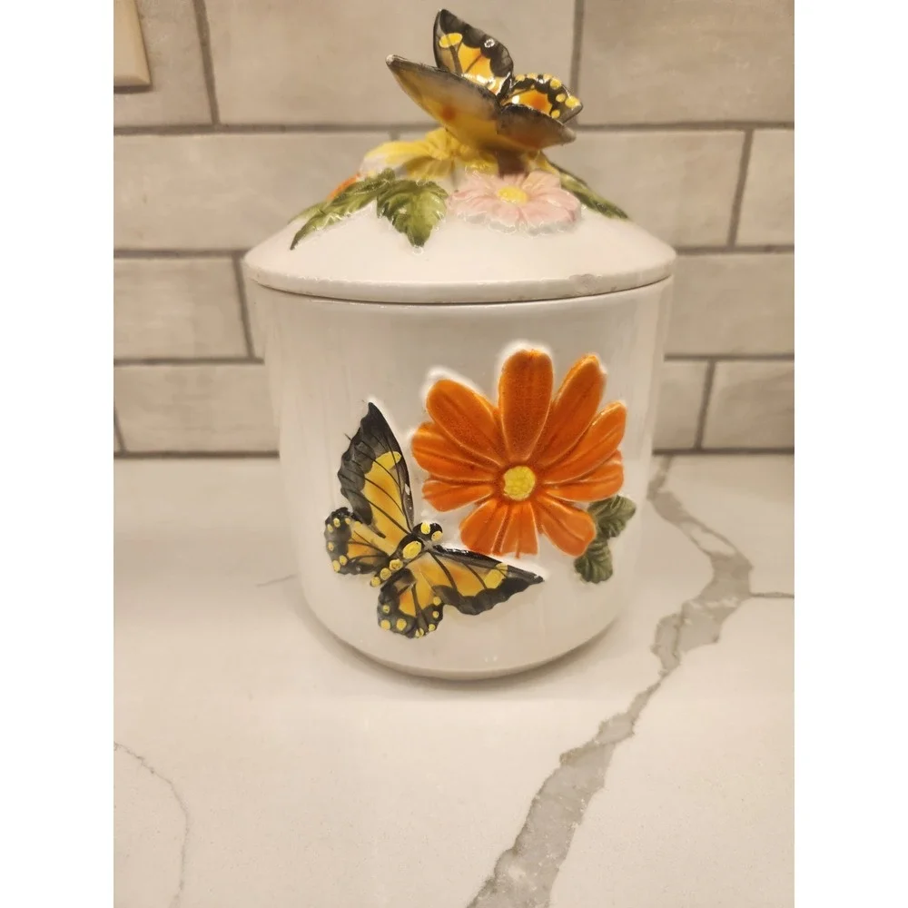 Vintage 3D Butterfly Kitchen Canister Storage Jar Floral Cottagecore Lidded